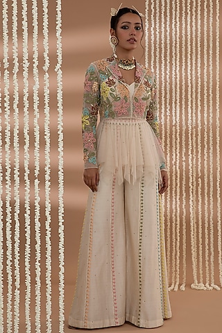 Ivory Net Floral Embroidered Jacket Set by Show Shaa