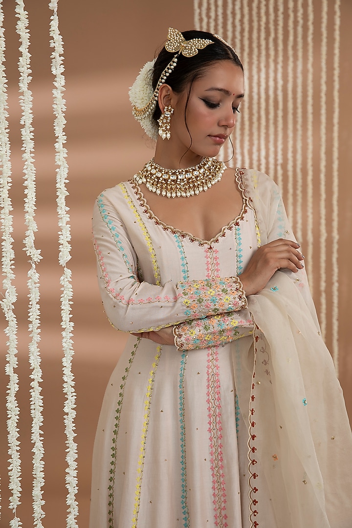 Ivory Chanderi Jaal Embroidered Wedding Anarkali Set by Show Shaa at Pernia's Pop Up Shop