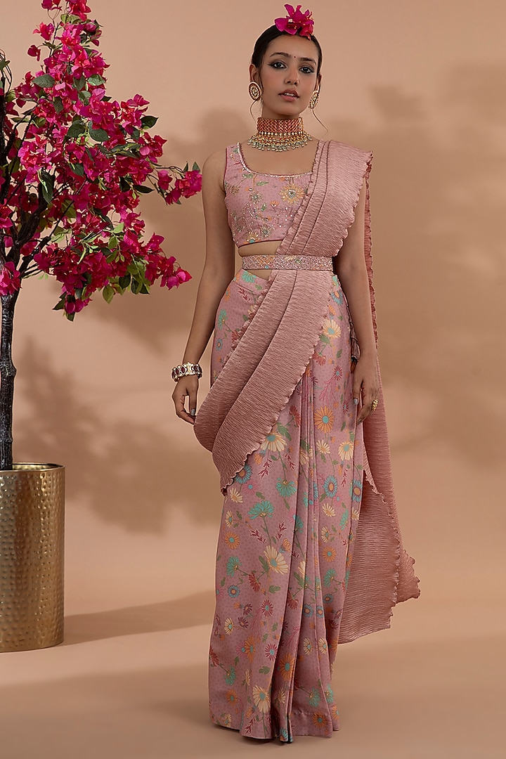 Dusty Rose Pink Satin Floral Printed Pre-Draped Saree Set by Show Shaa