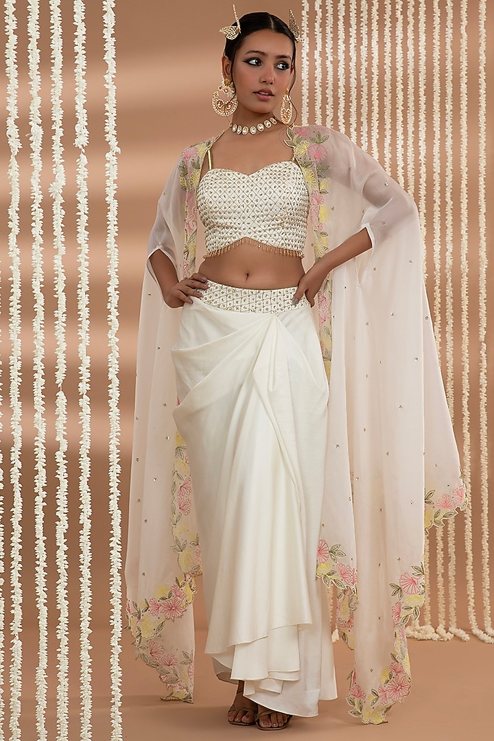 Ivory Organza Floral Embroidered Cape Set by Show Shaa