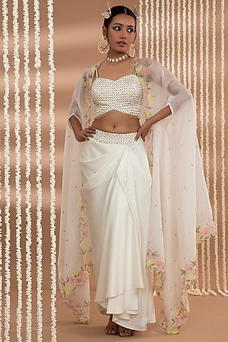 Ivory Organza Floral Embroidered Cape Set by Show Shaa