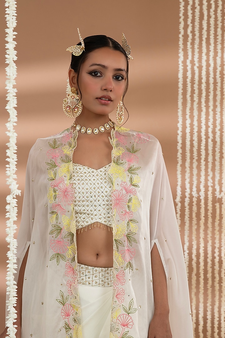 Ivory Organza Floral Embroidered Cape Set by Show Shaa at Pernia's Pop Up Shop