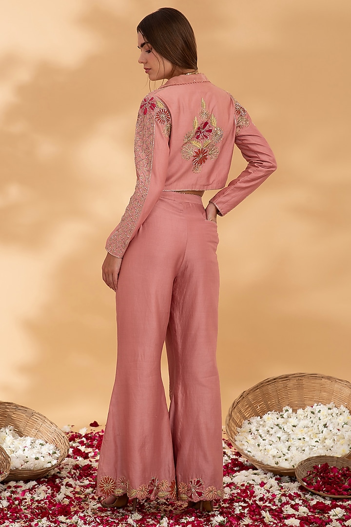 Dusty Rose Chanderi Hand Embroidered Cropped Jacket Set by Show Shaa at Pernia's Pop Up Shop