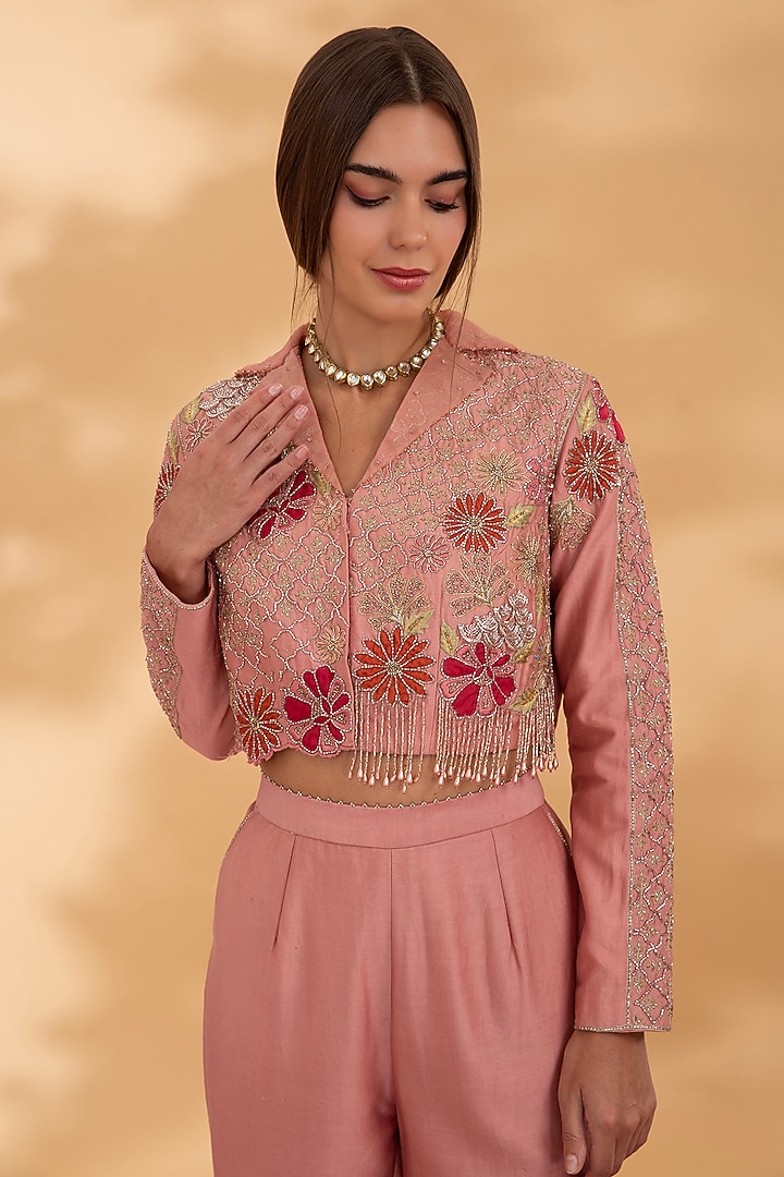 Dusty Rose Chanderi Hand Embroidered Cropped Jacket Set by Show Shaa at Pernia's Pop Up Shop