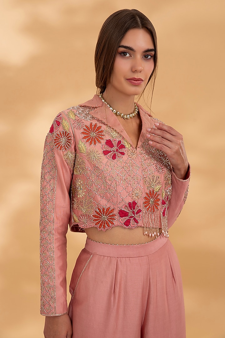 Dusty Rose Chanderi Hand Embroidered Cropped Jacket Set by Show Shaa at Pernia's Pop Up Shop