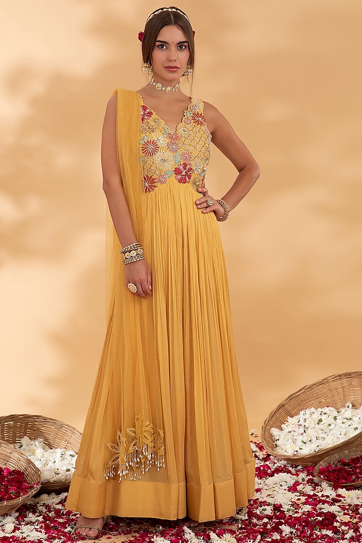 Golden Yellow Chiffon Floral Applique Anarkali Set by Show Shaa at Pernia's Pop Up Shop