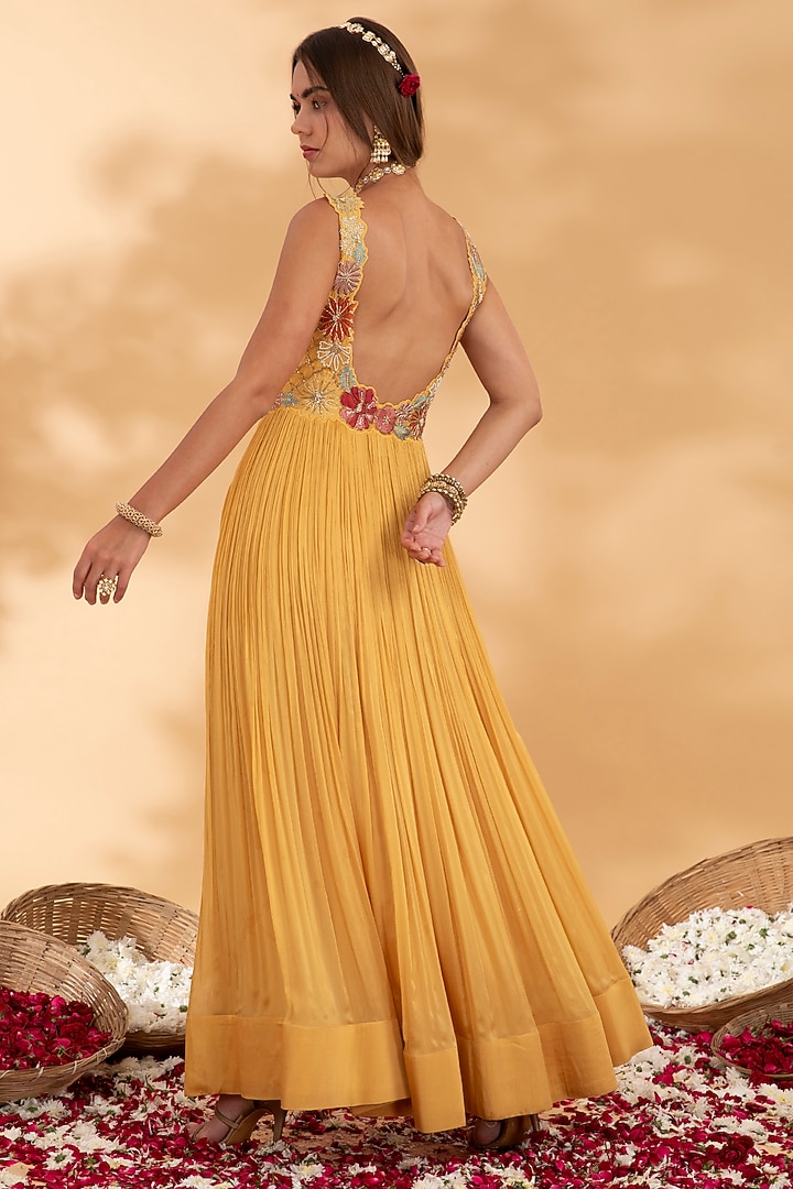 Golden Yellow Chiffon Floral Applique Wedding Anarkali Set by Show Shaa at Pernia's Pop Up Shop