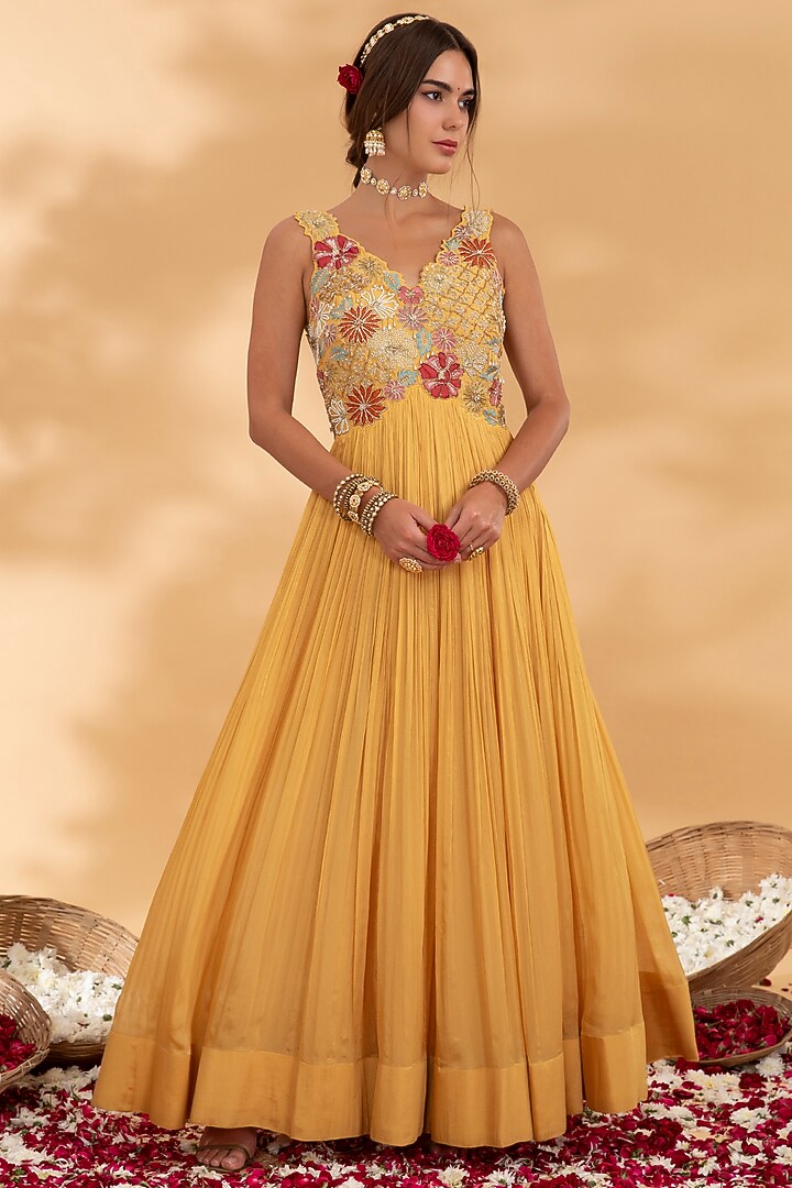 Golden Yellow Chiffon Floral Applique Wedding Anarkali Set by Show Shaa at Pernia's Pop Up Shop