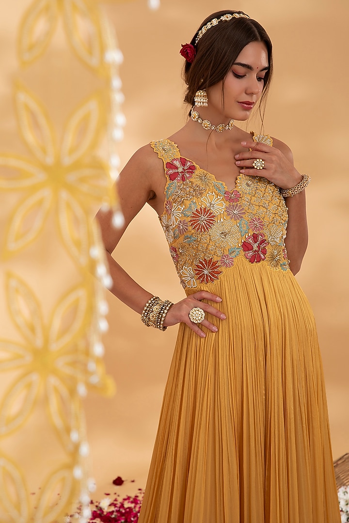 Golden Yellow Chiffon Floral Applique Wedding Anarkali Set by Show Shaa at Pernia's Pop Up Shop
