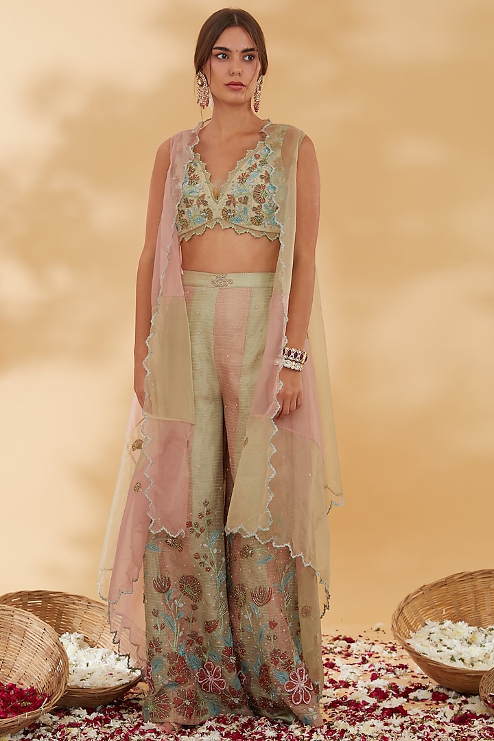 Dusty Rose & Mint Kota Silk Kalidar Pant Set by Show Shaa at Pernia's Pop Up Shop