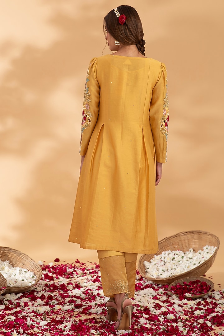 Golden Yellow Chanderi Applique Hand Embroidered A-Line Kurta Set by Show Shaa at Pernia's Pop Up Shop