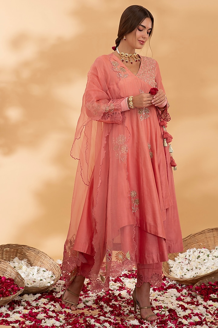 Rogue Pink Chanderi Embroidered Angrakha Wedding Anarkali Set by Show Shaa at Pernia's Pop Up Shop