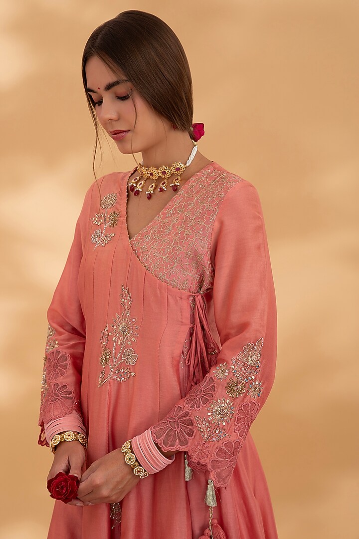 Rogue Pink Chanderi Embroidered Angrakha Wedding Anarkali Set by Show Shaa at Pernia's Pop Up Shop