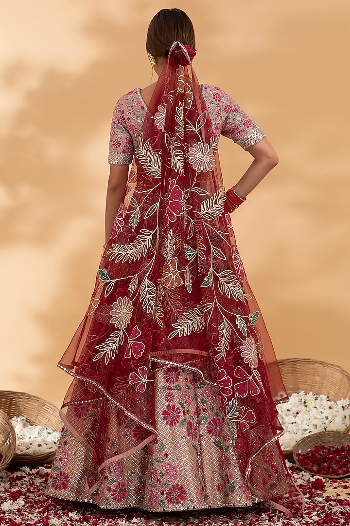 Dusty Rose Raw Silk Floral Applique & Mirror Hand Embroidered Bridal Lehenga Set by Show Shaa at Pernia's Pop Up Shop