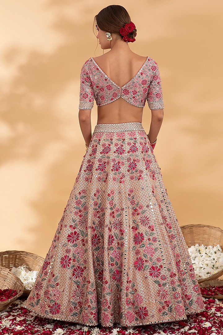Dusty Rose Raw Silk Floral Applique & Mirror Hand Embroidered Bridal Lehenga Set by Show Shaa at Pernia's Pop Up Shop