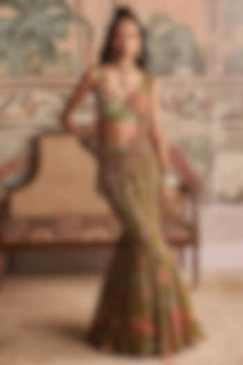 Olive Green Chiffon Printed & Embellished Pre-Draped Wedding Lehenga Saree Set by Show Shaa at Pernia's Pop Up Shop