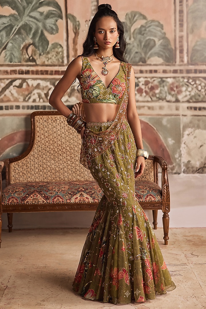 Olive Green Chiffon Printed & Embellished Pre-Draped Wedding Lehenga Saree Set by Show Shaa at Pernia's Pop Up Shop