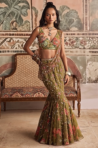 Olive Green Chiffon Printed & Embellished Pre-Draped Lehenga Saree Set by Show Shaa