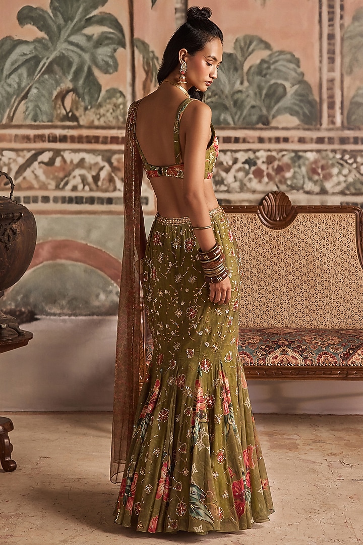 Olive Green Chiffon Printed & Embellished Pre-Draped Wedding Lehenga Saree Set by Show Shaa at Pernia's Pop Up Shop