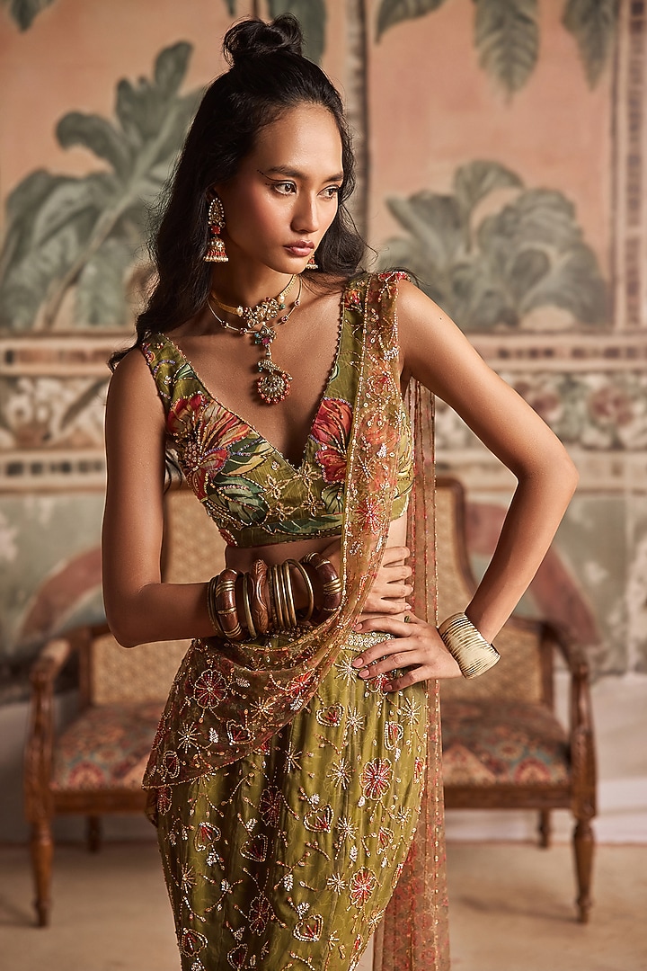 Olive Green Chiffon Printed & Embellished Pre-Draped Wedding Lehenga Saree Set by Show Shaa at Pernia's Pop Up Shop
