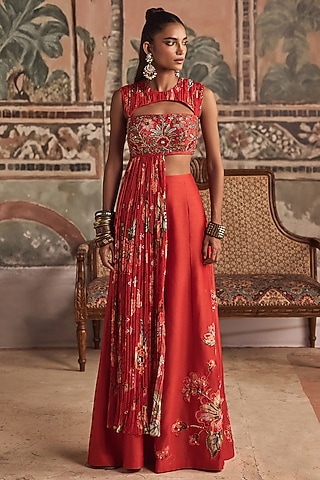Saffron Orange Chanderi Silk Pant Set by Show Shaa