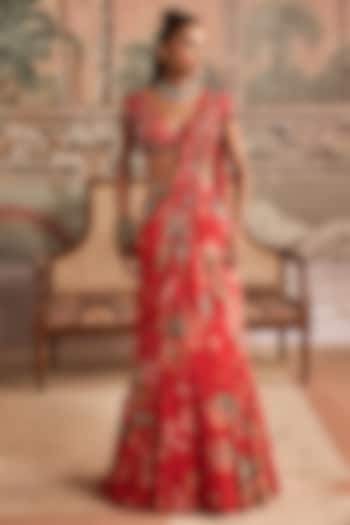 Saffron Red Chiffon Floral Printed Pre-Draped Mermaid Wedding Saree Set by Show Shaa at Pernia's Pop Up Shop