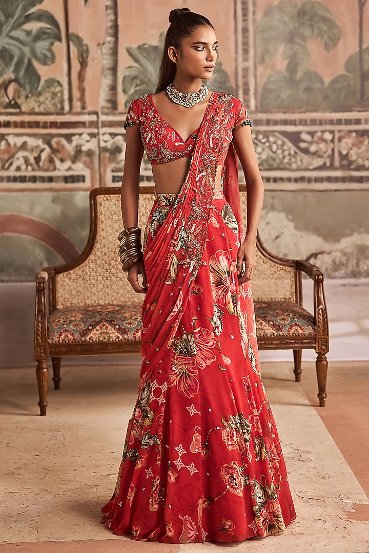 Saffron Red Chiffon Floral Printed Pre-Draped Mermaid Wedding Saree Set by Show Shaa at Pernia's Pop Up Shop