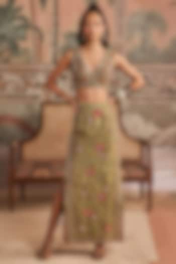 Olive Green Dupion Silk Pencil Skirt Set by Show Shaa at Pernia's Pop Up Shop