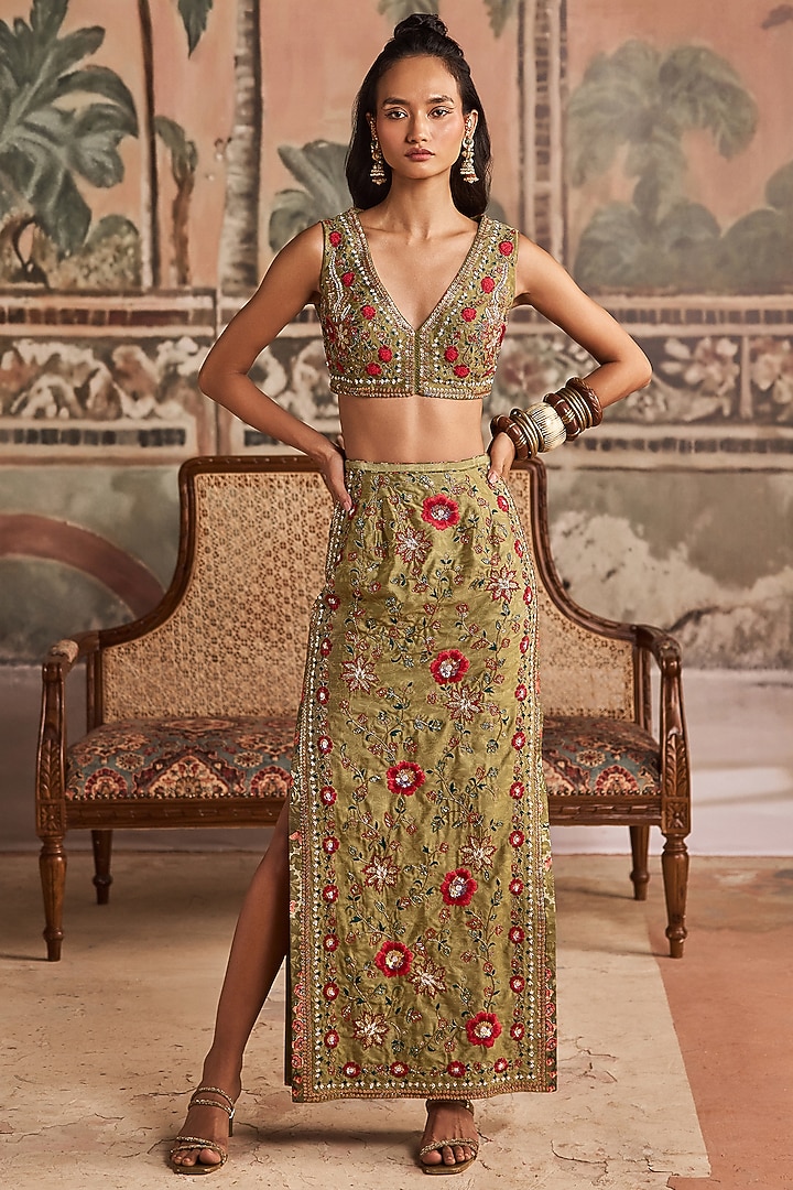 Olive Green Dupion Silk Pencil Skirt Set by Show Shaa at Pernia's Pop Up Shop