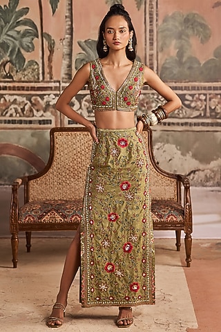 Olive Green Dupion Silk Pencil Skirt Set by Show Shaa