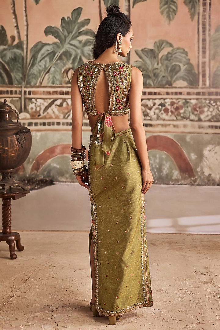 Olive Green Dupion Silk Pencil Skirt Set by Show Shaa at Pernia's Pop Up Shop