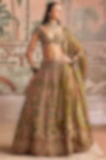 Olive Green Dupion Silk Printed & Hand Embroidered Wedding Lehenga Set by Show Shaa at Pernia's Pop Up Shop