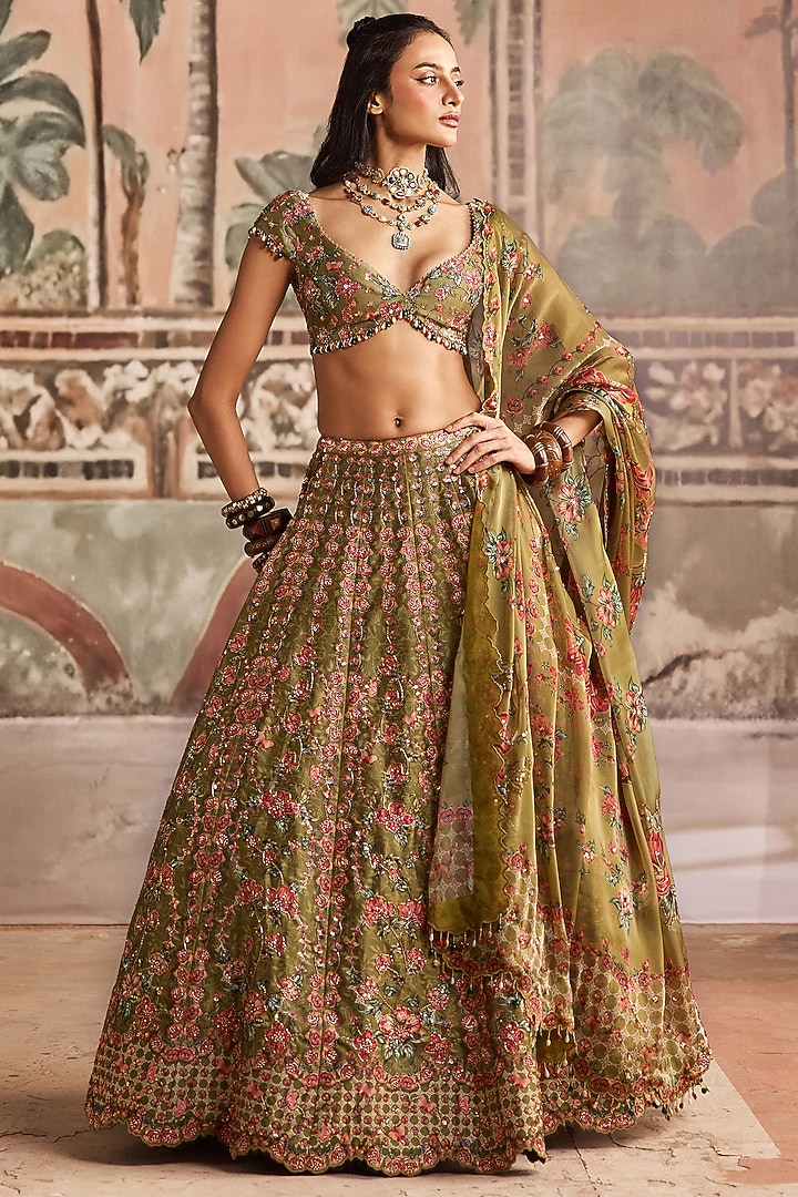 Olive Green Dupion Silk Printed & Hand Embroidered Wedding Lehenga Set by Show Shaa at Pernia's Pop Up Shop