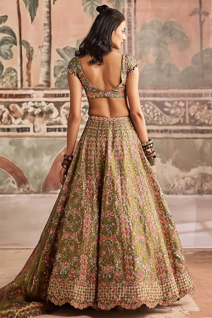 Olive Green Dupion Silk Printed & Hand Embroidered Wedding Lehenga Set by Show Shaa at Pernia's Pop Up Shop