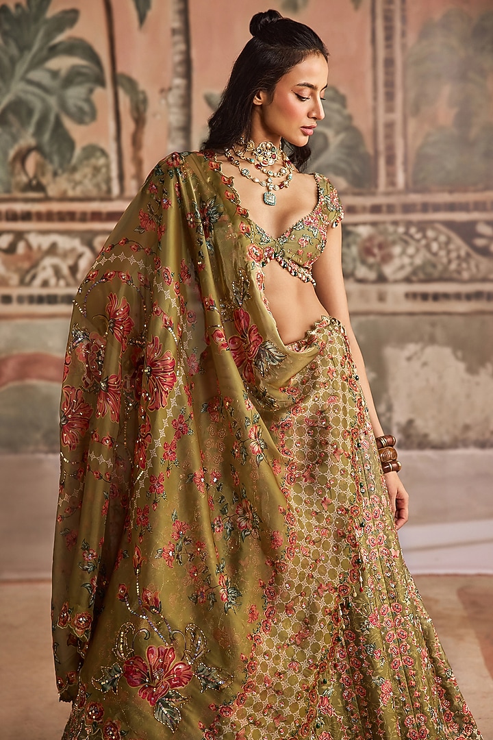 Olive Green Dupion Silk Printed & Hand Embroidered Wedding Lehenga Set by Show Shaa at Pernia's Pop Up Shop