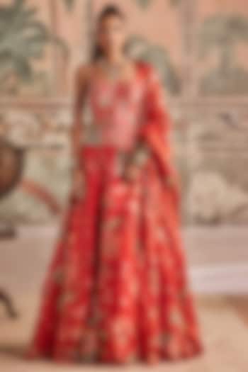 Saffron Red Glass Organza & Dupion Silk Floral Printed Wedding Lehenga Set by Show Shaa at Pernia's Pop Up Shop