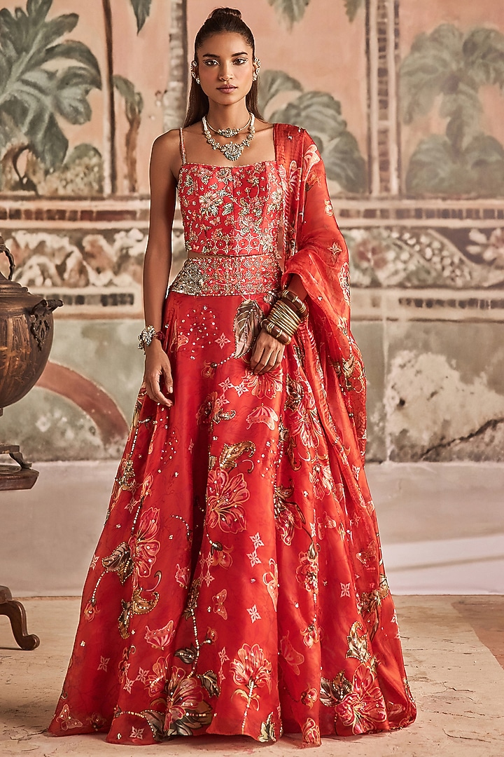Saffron Red Glass Organza & Dupion Silk Floral Printed Wedding Lehenga Set by Show Shaa at Pernia's Pop Up Shop