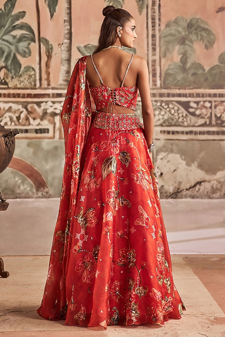 Saffron Red Glass Organza & Dupion Silk Floral Printed Wedding Lehenga Set by Show Shaa at Pernia's Pop Up Shop