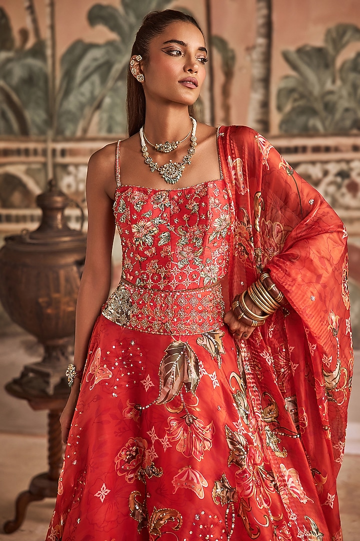Saffron Red Glass Organza & Dupion Silk Floral Printed Wedding Lehenga Set by Show Shaa at Pernia's Pop Up Shop