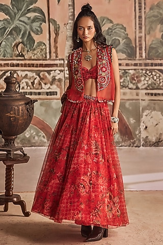 Saffron Red Net Printed Skirt Set by Show Shaa