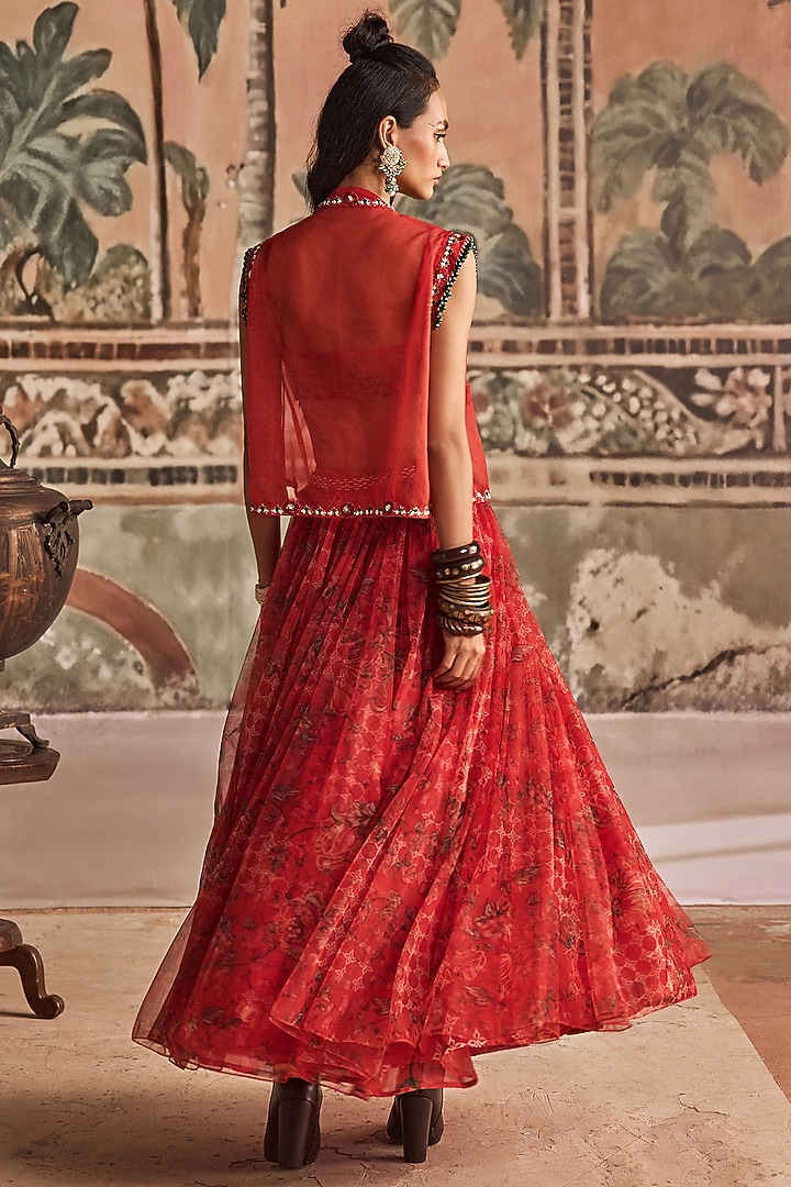 Saffron Red Net Printed Skirt Set by Show Shaa at Pernia's Pop Up Shop
