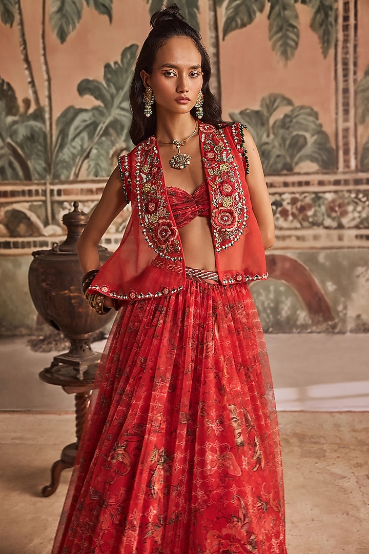 Saffron Red Net Printed Skirt Set by Show Shaa at Pernia's Pop Up Shop