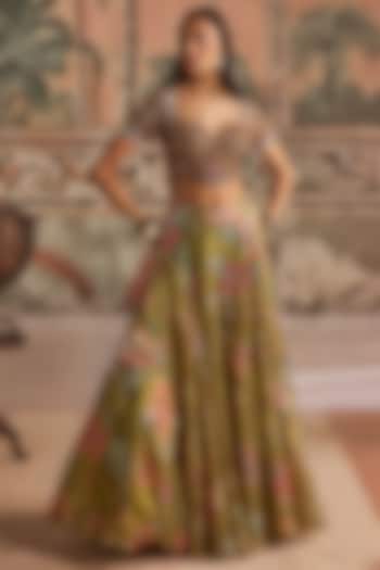 Olive Green Glass Organza Printed & Embroidered Wedding Lehenga Set by Show Shaa at Pernia's Pop Up Shop