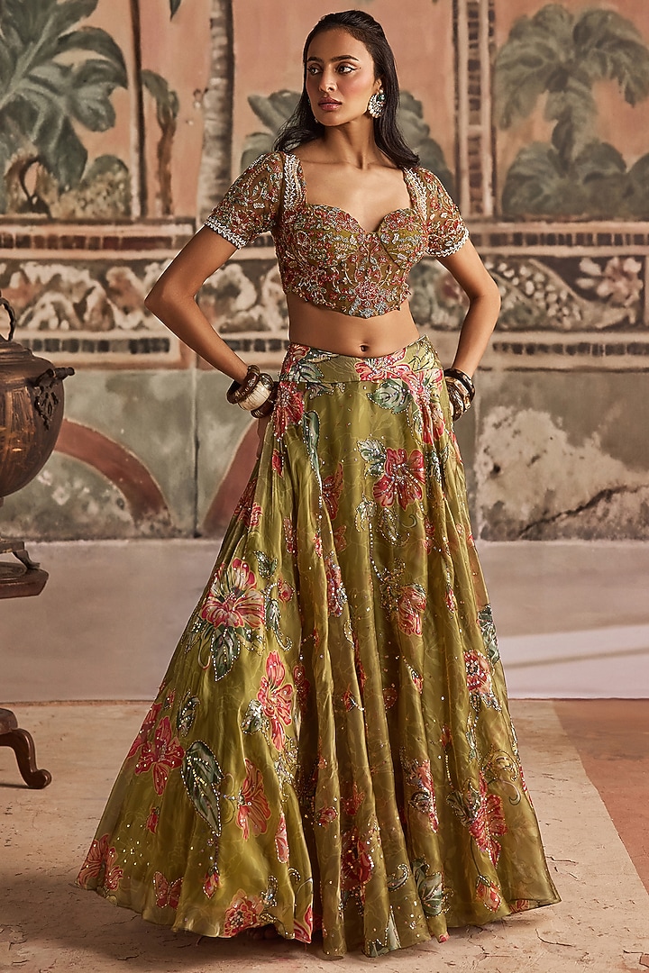 Olive Green Glass Organza Printed & Embroidered Wedding Lehenga Set by Show Shaa at Pernia's Pop Up Shop