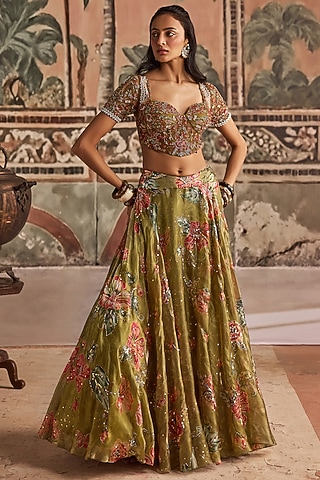Olive Green Glass Organza Printed & Embroidered Lehenga Set by Show Shaa