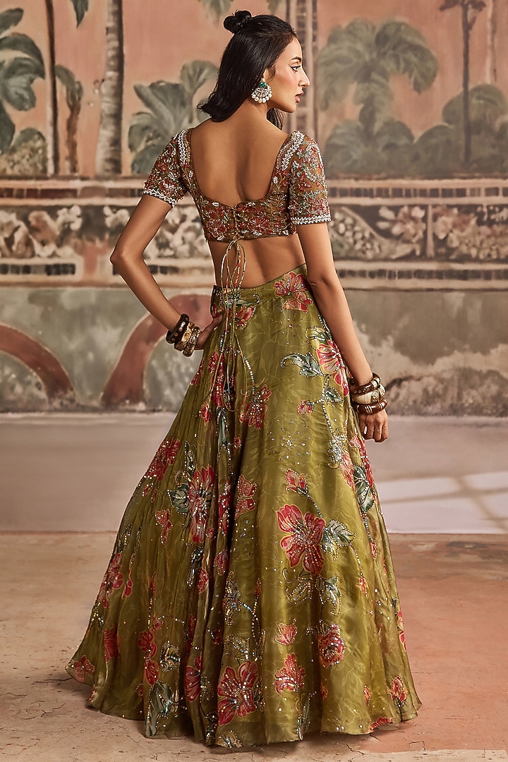 Olive Green Glass Organza Printed & Embroidered Wedding Lehenga Set by Show Shaa at Pernia's Pop Up Shop