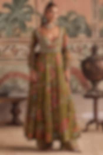 Olive Green Chiffon & Dupion Silk Printed Wedding Anarkali Set by Show Shaa at Pernia's Pop Up Shop