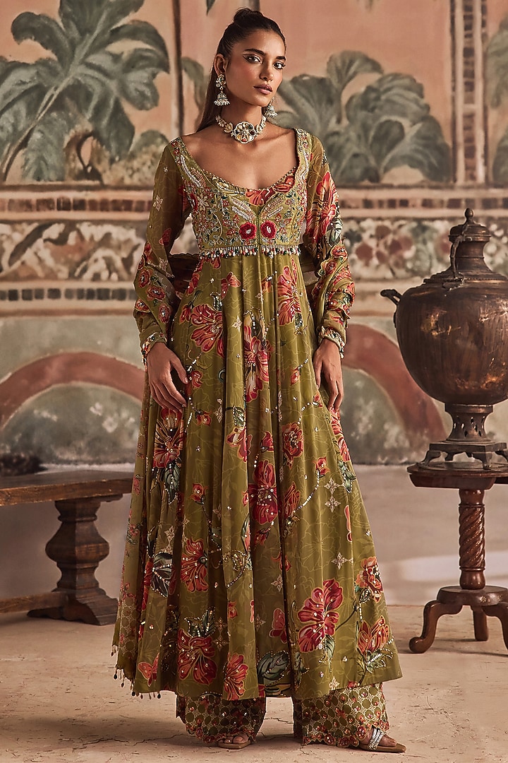 Olive Green Chiffon & Dupion Silk Printed Wedding Anarkali Set by Show Shaa at Pernia's Pop Up Shop