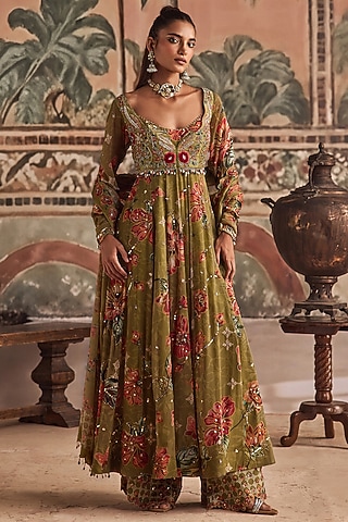 Olive Green Chiffon & Dupion Silk Printed Anarkali Set by Show Shaa