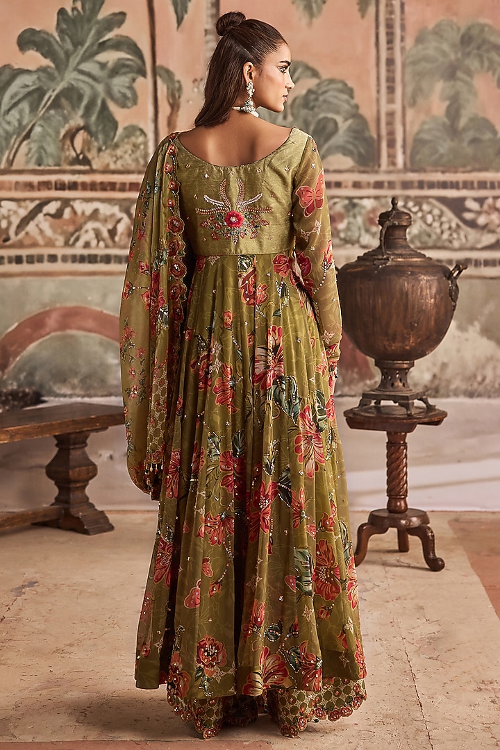 Olive Green Chiffon & Dupion Silk Printed Wedding Anarkali Set by Show Shaa at Pernia's Pop Up Shop